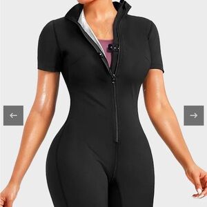 Black Women's Short Sleeve Zipper Sauna Bodysuit